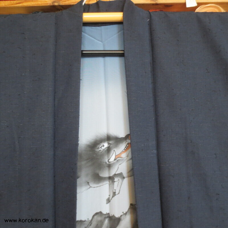 Fushi Tsumugi Seiden Haori Kimono Jacke, handgemaltes Wildschwein