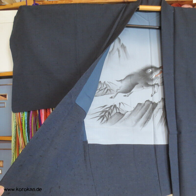Fushi Tsumugi Seiden Haori Kimono Jacke, handgemaltes Wildschwein