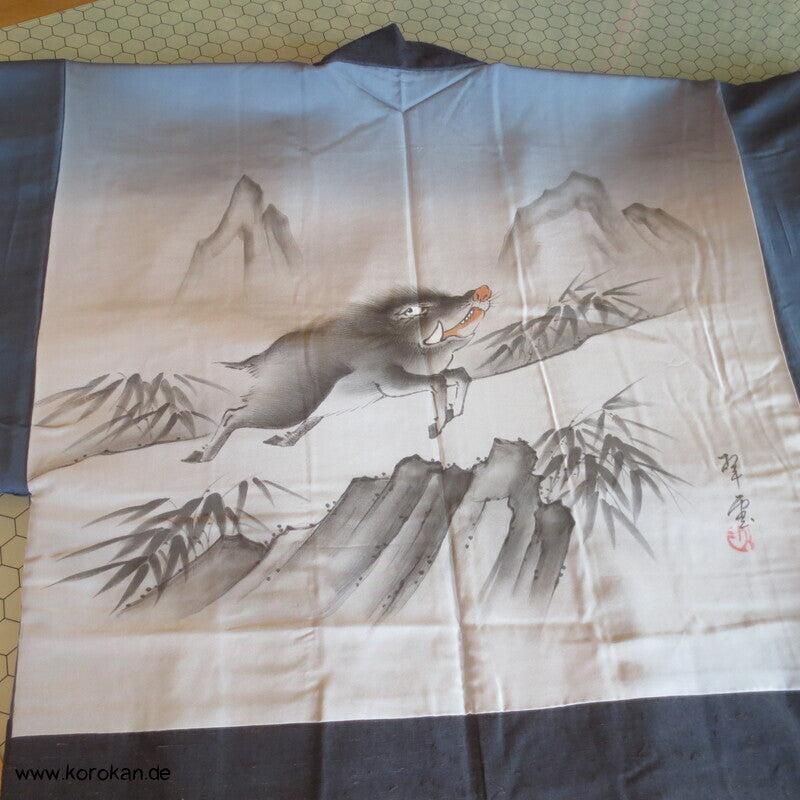 Fushi Tsumugi Seiden Haori Kimono Jacke, handgemaltes Wildschwein