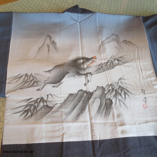 Fushi Tsumugi Seiden Haori Kimono Jacke, handgemaltes Wildschwein