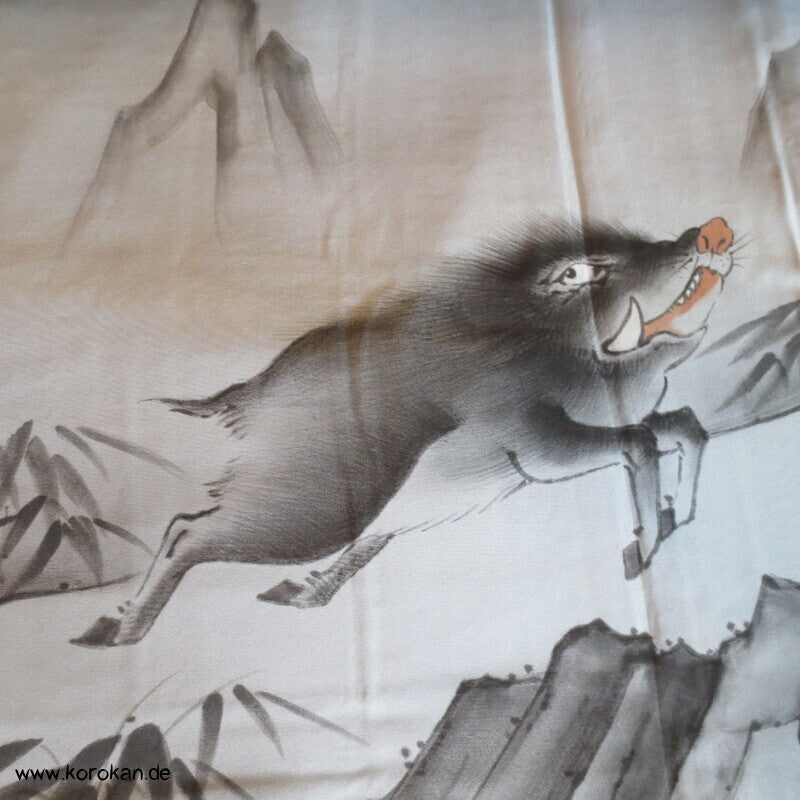 Fushi Tsumugi Seiden Haori Kimono Jacke, handgemaltes Wildschwein