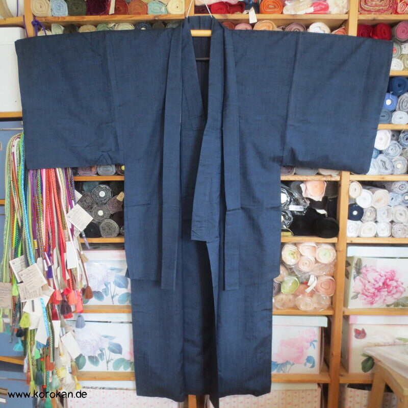 grob gewebtes Tsumugi Seiden Set Kimono und Haori, blau meliert