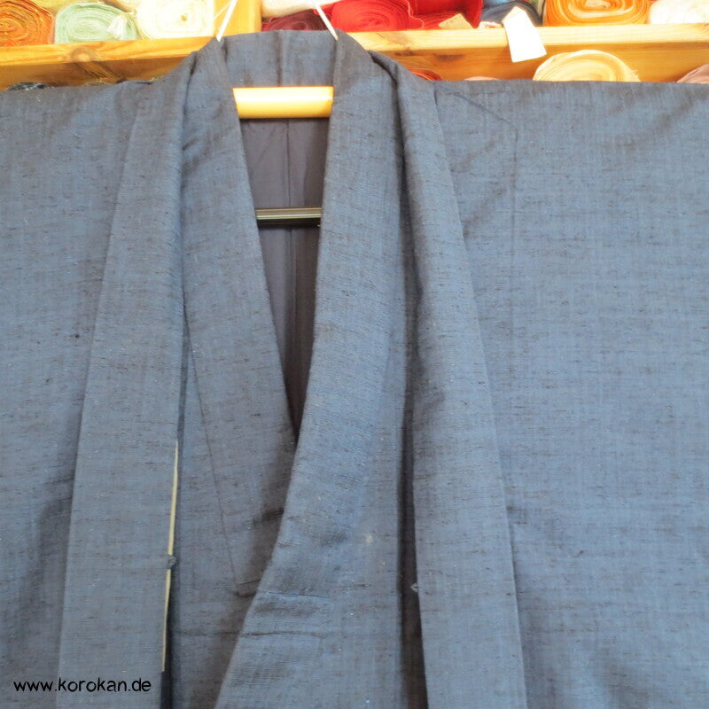 grob gewebtes Tsumugi Seiden Set Kimono und Haori, blau meliert