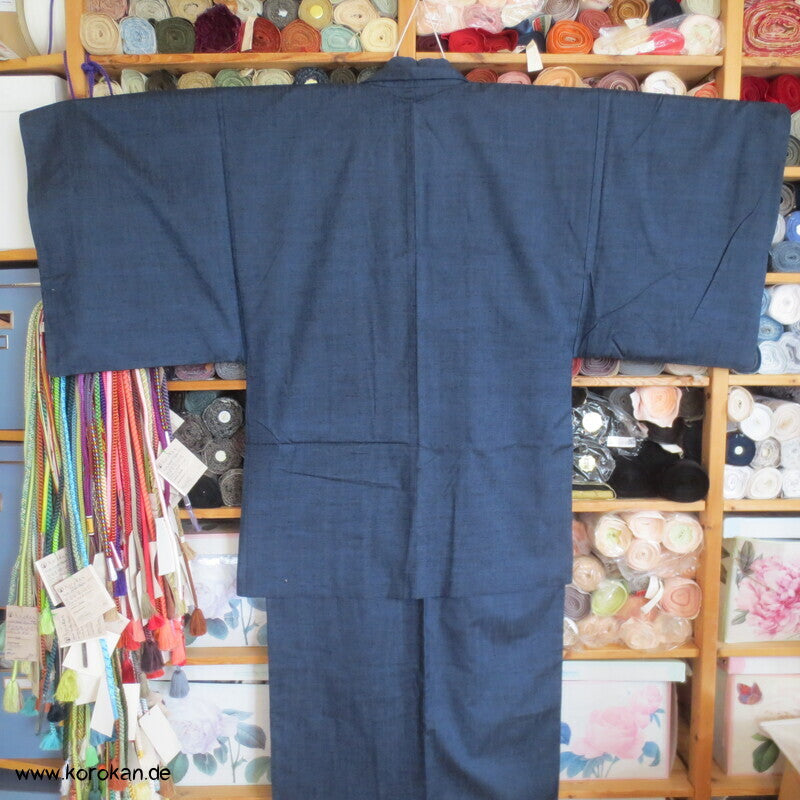 grob gewebtes Tsumugi Seiden Set Kimono und Haori, blau meliert