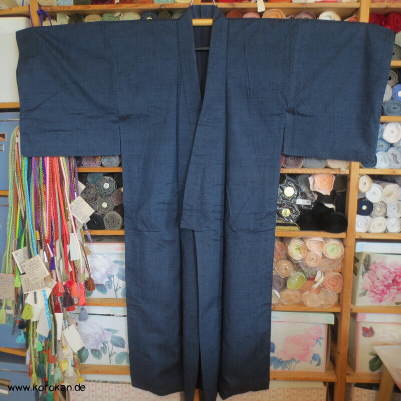 grob gewebtes Tsumugi Seiden Set Kimono und Haori, blau meliert