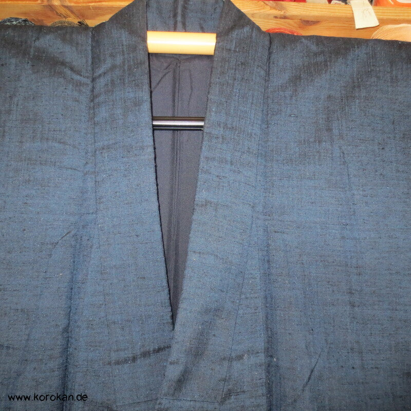 grob gewebtes Tsumugi Seiden Set Kimono und Haori, blau meliert