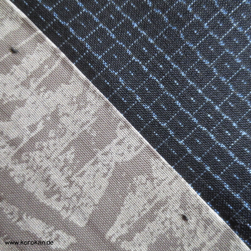 Kimono und Haori Set in blau schwarzer Kasuri Kikko Tsumugi Seide
