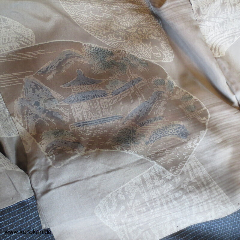 Kimono und Haori Set in blau schwarzer Kasuri Kikko Tsumugi Seide