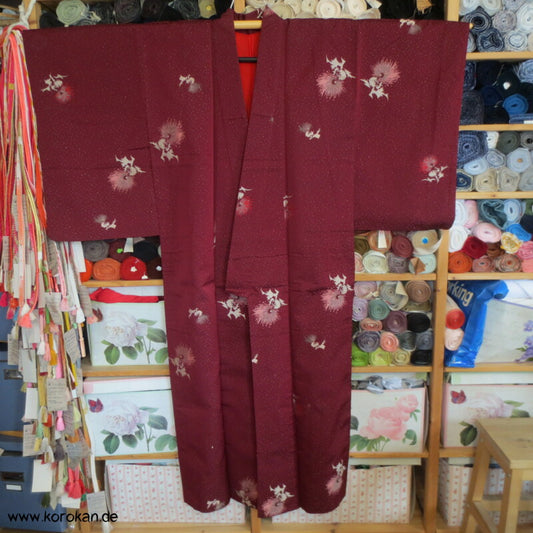 weinrot mit gewebten Silberdisteln Jacquard Seiden Kimono