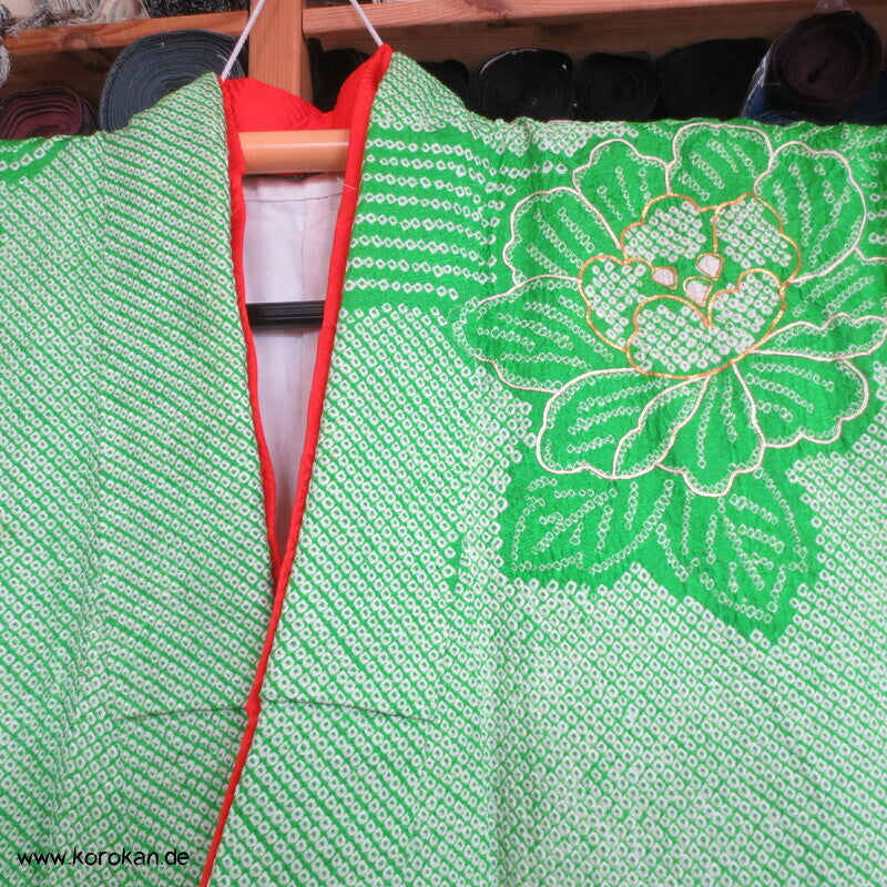Kimono Full Shibori Päonien und Wellen Furisode, mit Goldstickerei