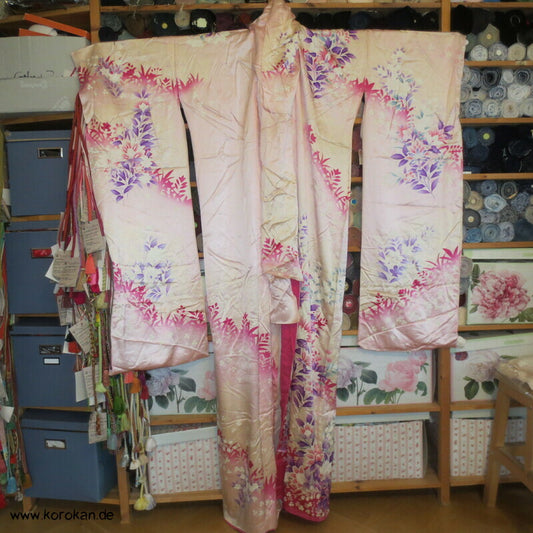 rosa, pink, lila Blumen Seiden Karieba für Furisode Kimono