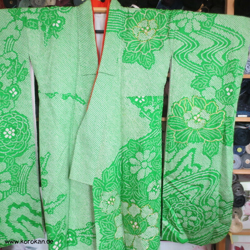Kimono Full Shibori Päonien und Wellen Furisode, mit Goldstickerei