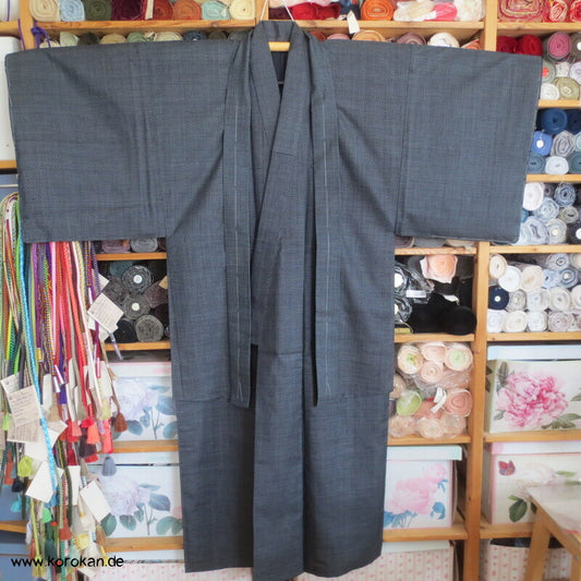 blauer Kasuri Seiden Tsumugi Ensemble, Kimono + Haori