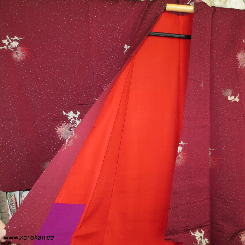 weinrot mit gewebten Silberdisteln Jacquard Seiden Kimono