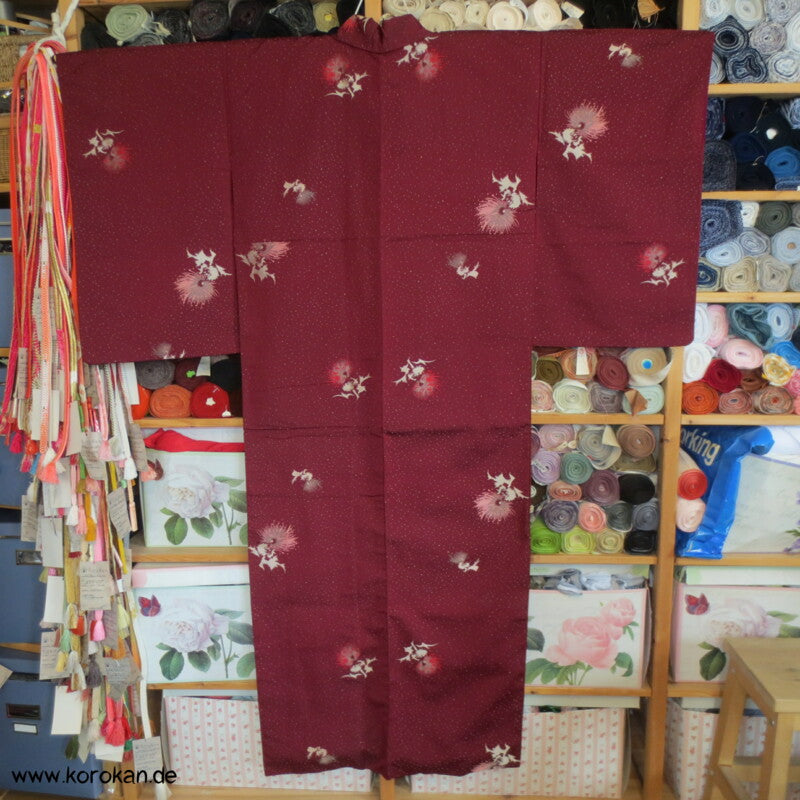weinrot mit gewebten Silberdisteln Jacquard Seiden Kimono