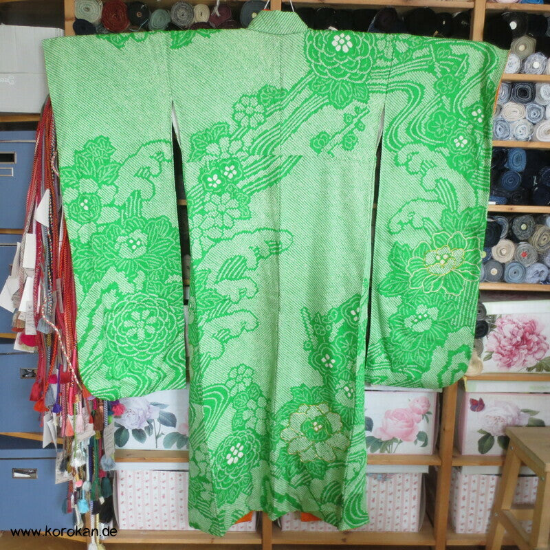 Kimono Full Shibori Päonien und Wellen Furisode, mit Goldstickerei