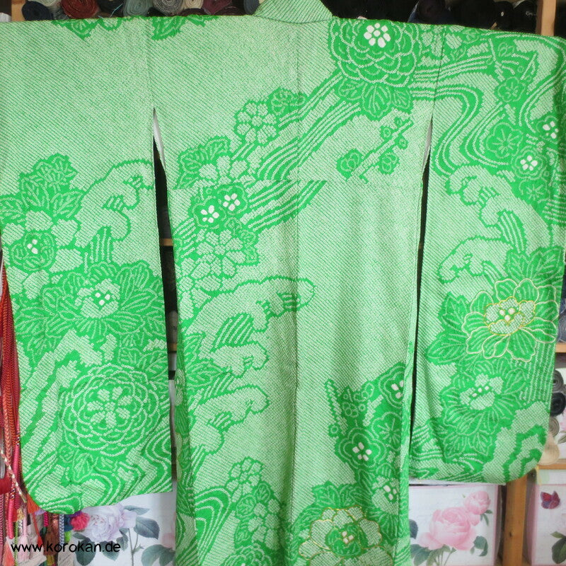 Kimono Full Shibori Päonien und Wellen Furisode, mit Goldstickerei