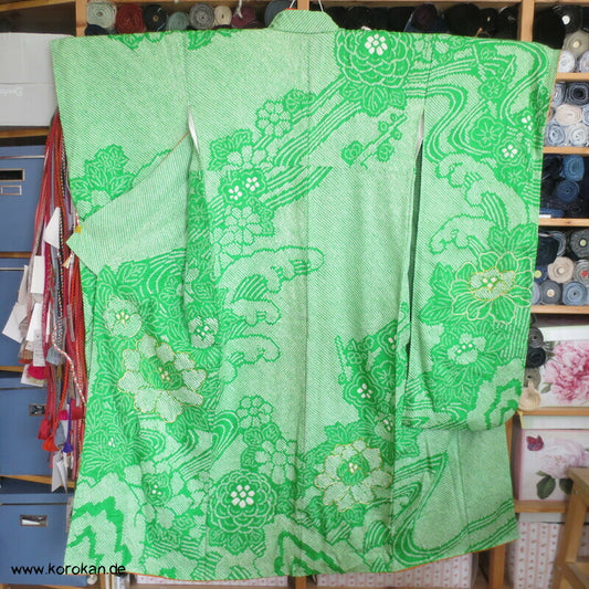 Kimono Full Shibori Päonien und Wellen Furisode, mit Goldstickerei