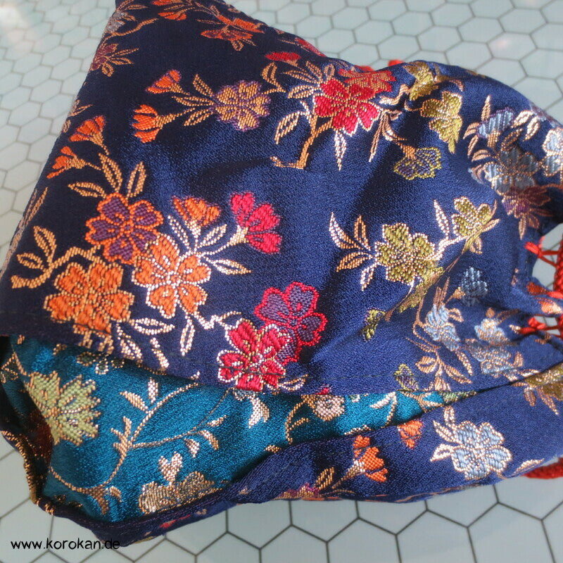 Kinchaku Zugbeutel - Tasche dunkelblauer Blumen Brokat
