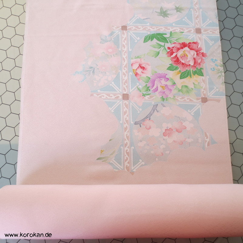 Pfingstrosenmuster rosa rot Tanmono, Yuzen Kimono Seidendamast Stoffrolle