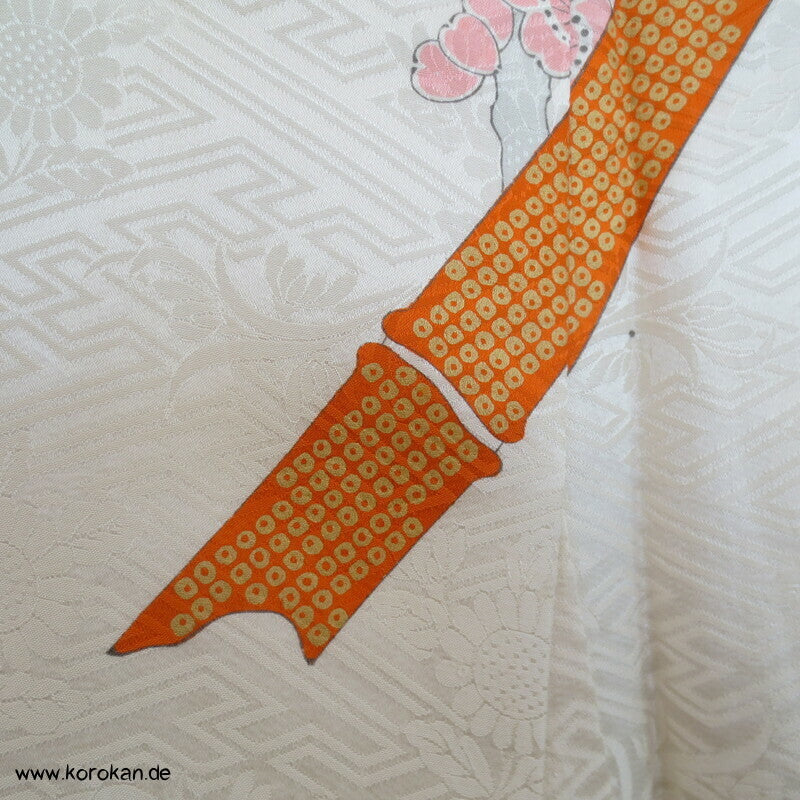 Shibori Fluß, Fächer mit Blüten, Bambusstäbe Furisode Sayagata Seidendamast Kimono