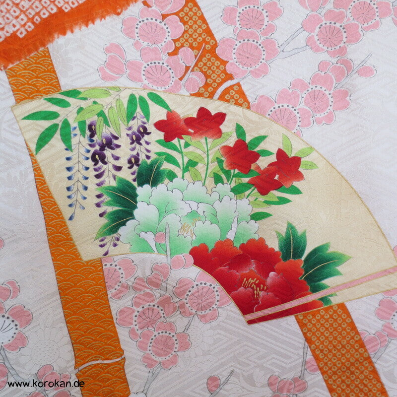 Shibori Fluß, Fächer mit Blüten, Bambusstäbe Furisode Sayagata Seidendamast Kimono