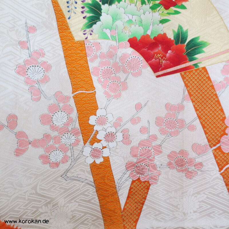 Shibori Fluß, Fächer mit Blüten, Bambusstäbe Furisode Sayagata Seidendamast Kimono