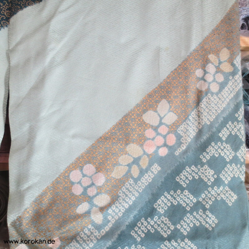 Shibori Bögen blaugrau blau gold Homongi Seiden Araihari Kimono