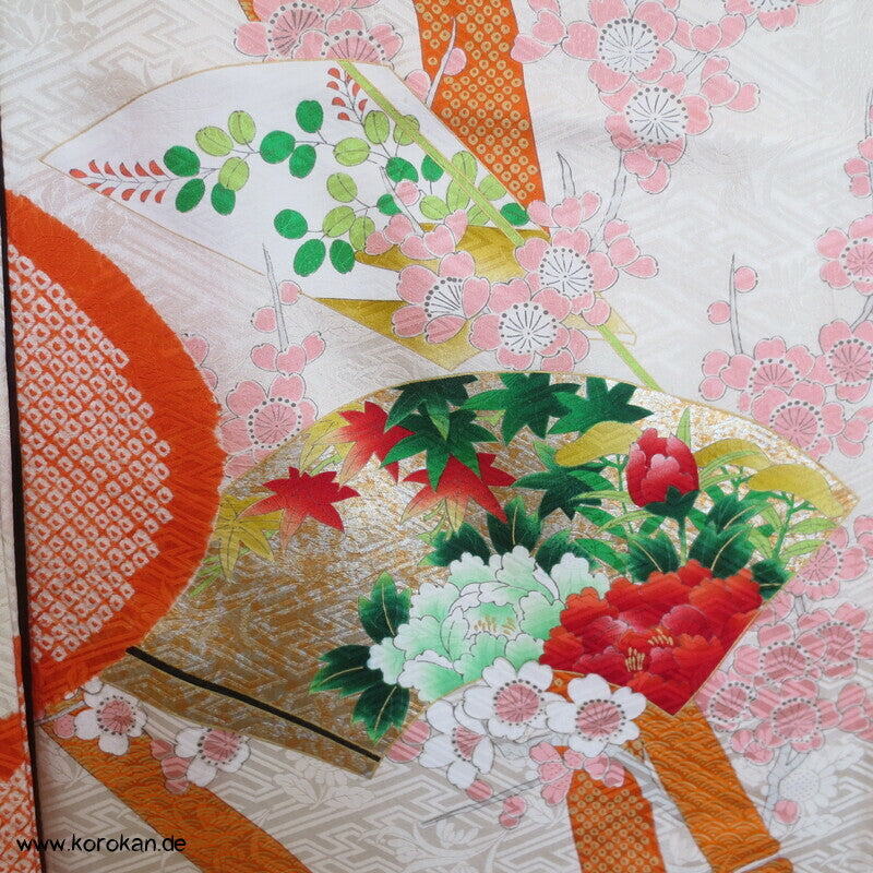 Shibori Fluß, Fächer mit Blüten, Bambusstäbe Furisode Sayagata Seidendamast Kimono