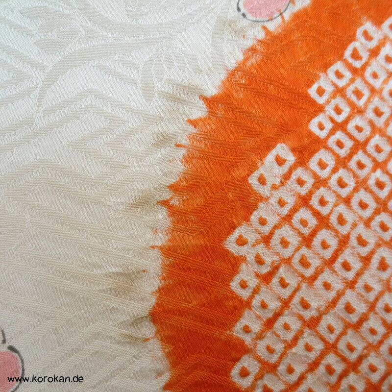 Shibori Fluß, Fächer mit Blüten, Bambusstäbe Furisode Sayagata Seidendamast Kimono