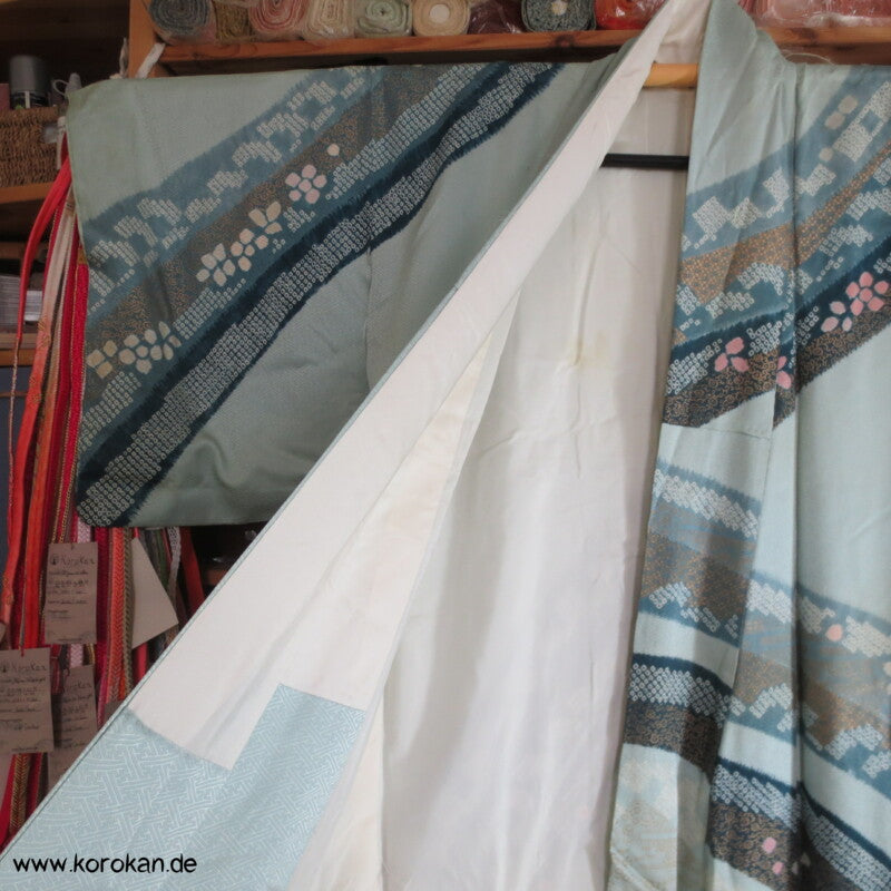 Shibori Bögen blaugrau blau gold Homongi Seiden Araihari Kimono