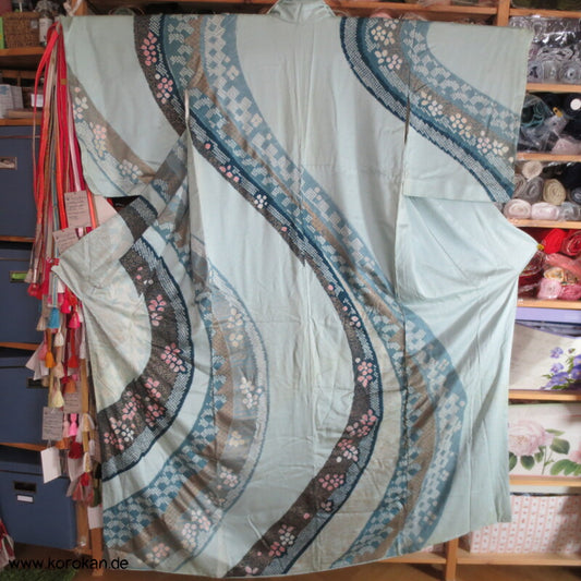 Shibori Bögen blaugrau blau gold Homongi Seiden Araihari Kimono