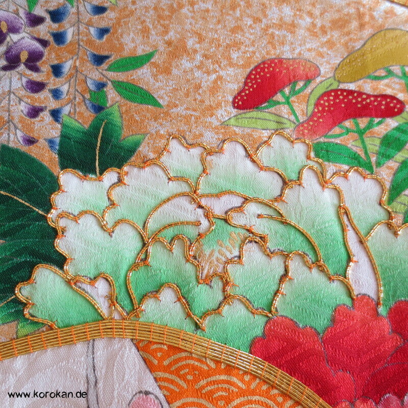 Shibori Fluß, Fächer mit Blüten, Bambusstäbe Furisode Sayagata Seidendamast Kimono