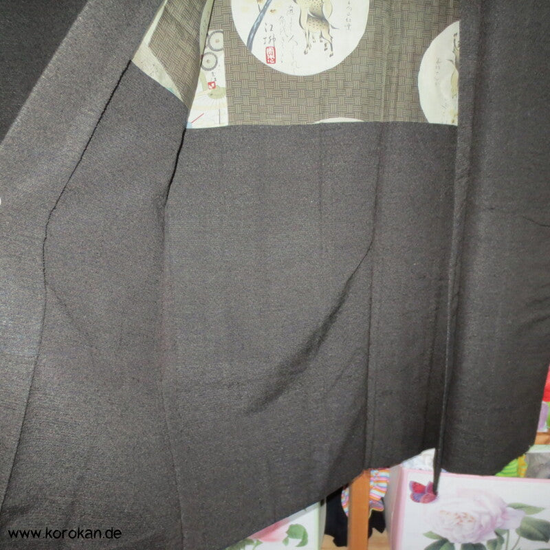 japanische dunkelmelierte Tsumugi Seiden Haori Männer Kimono Jacke, Bilder im Futter