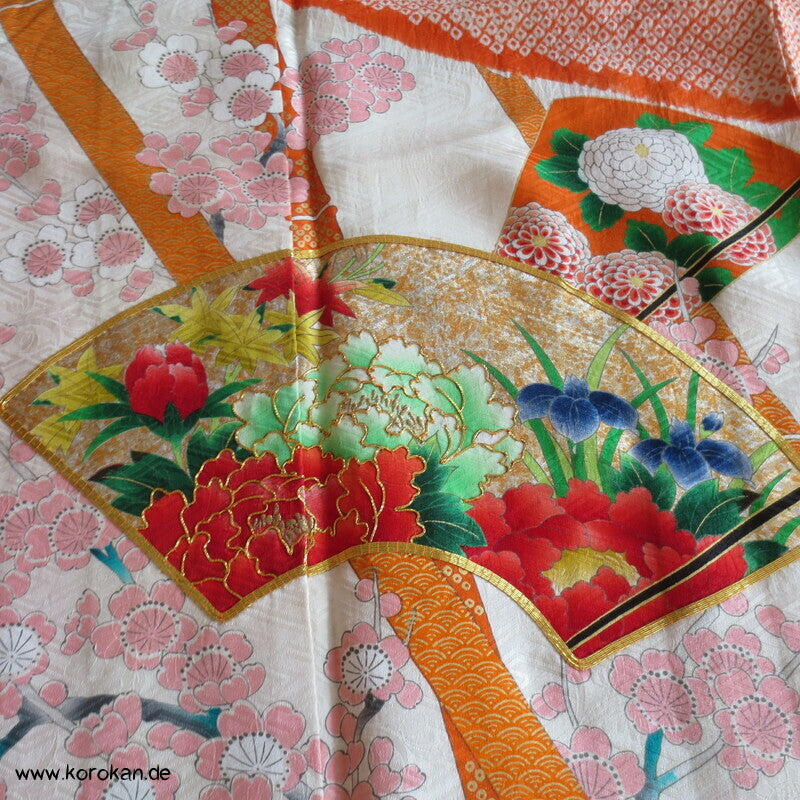 Shibori Fluß, Fächer mit Blüten, Bambusstäbe Furisode Sayagata Seidendamast Kimono