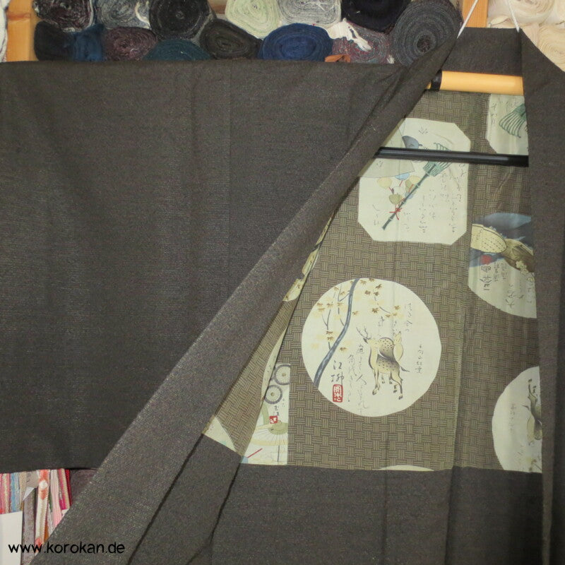 japanische dunkelmelierte Tsumugi Seiden Haori Männer Kimono Jacke, Bilder im Futter