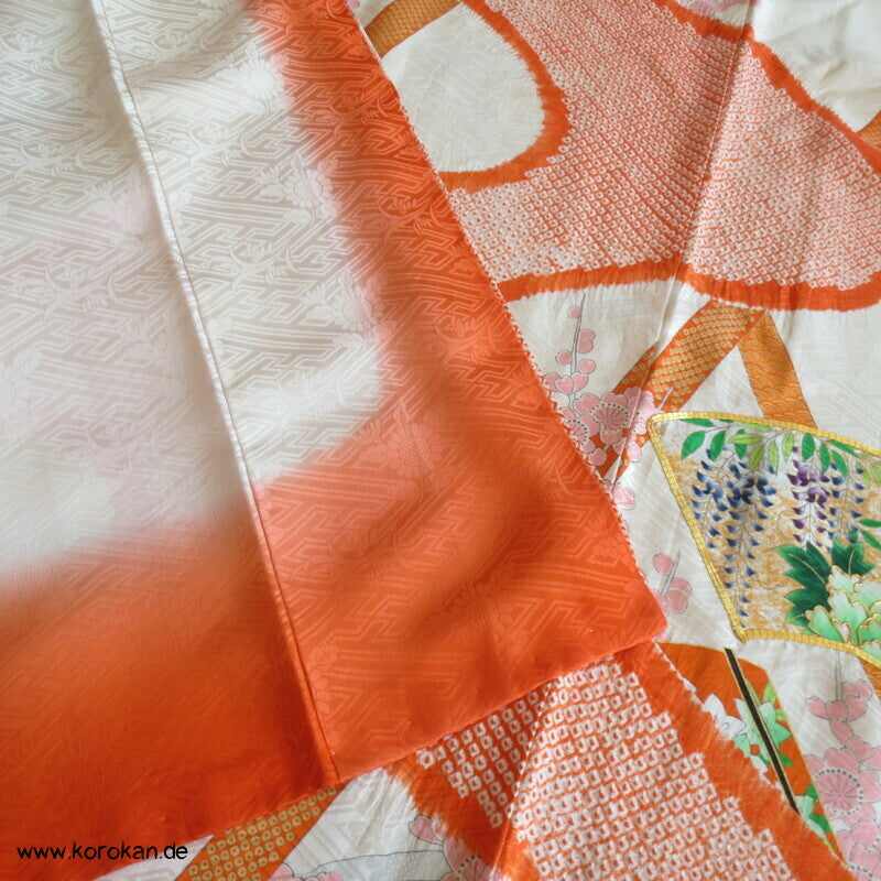 Shibori Fluß, Fächer mit Blüten, Bambusstäbe Furisode Sayagata Seidendamast Kimono