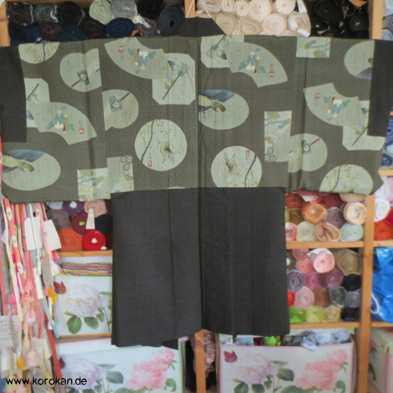 japanische dunkelmelierte Tsumugi Seiden Haori Männer Kimono Jacke, Bilder im Futter