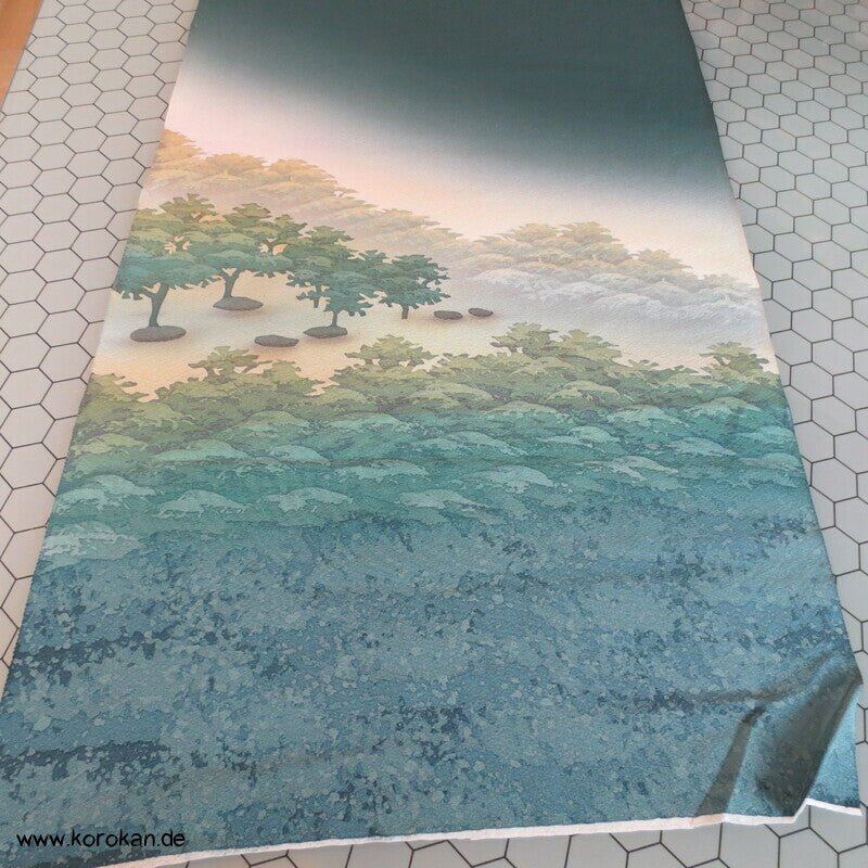 japanischer Seidencrepe Stoff für Haori Kimono, Tempel im Wald