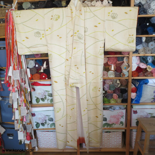 grün - gelb Shibori Blätter Seidendamast Komon Kimono