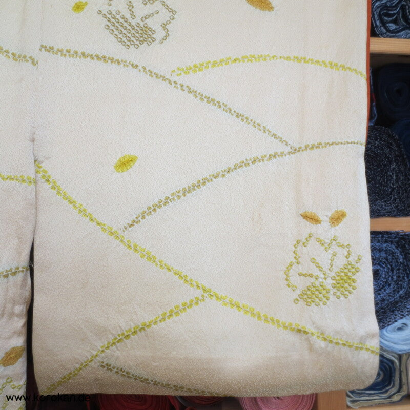 grün - gelb Shibori Blätter Seidendamast Komon Kimono