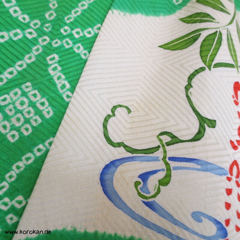 Mandarinenten in grünem Shibori Fluß Furisode Seidendamast Kimono