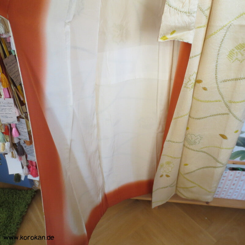 grün - gelb Shibori Blätter Seidendamast Komon Kimono