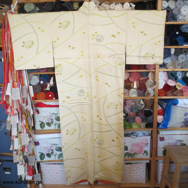 grün - gelb Shibori Blätter Seidendamast Komon Kimono