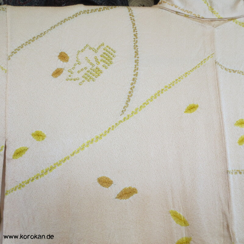 grün - gelb Shibori Blätter Seidendamast Komon Kimono