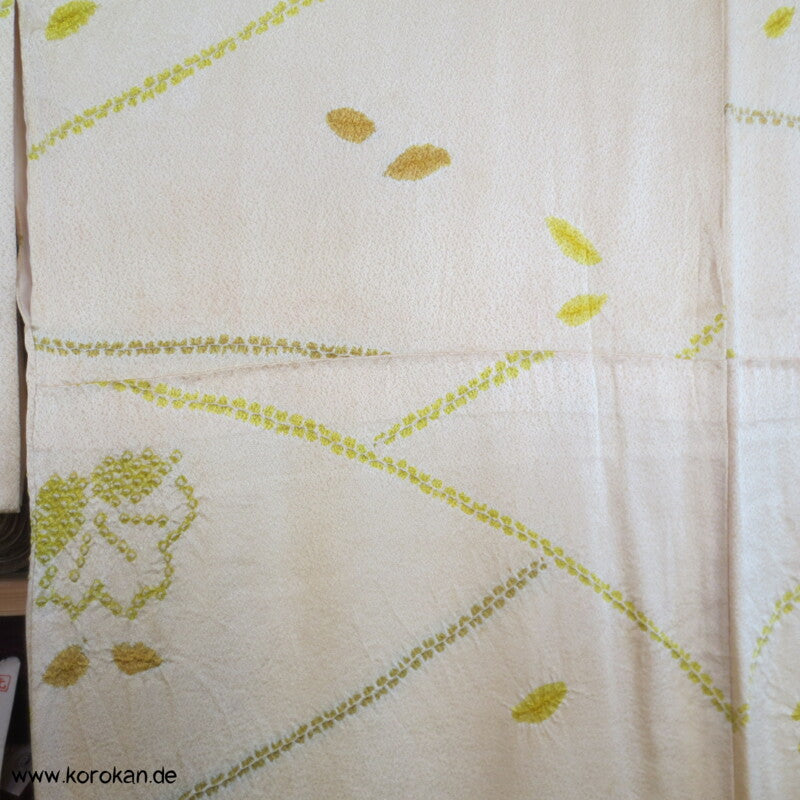 grün - gelb Shibori Blätter Seidendamast Komon Kimono