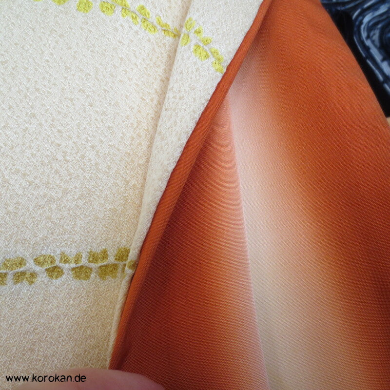 grün - gelb Shibori Blätter Seidendamast Komon Kimono