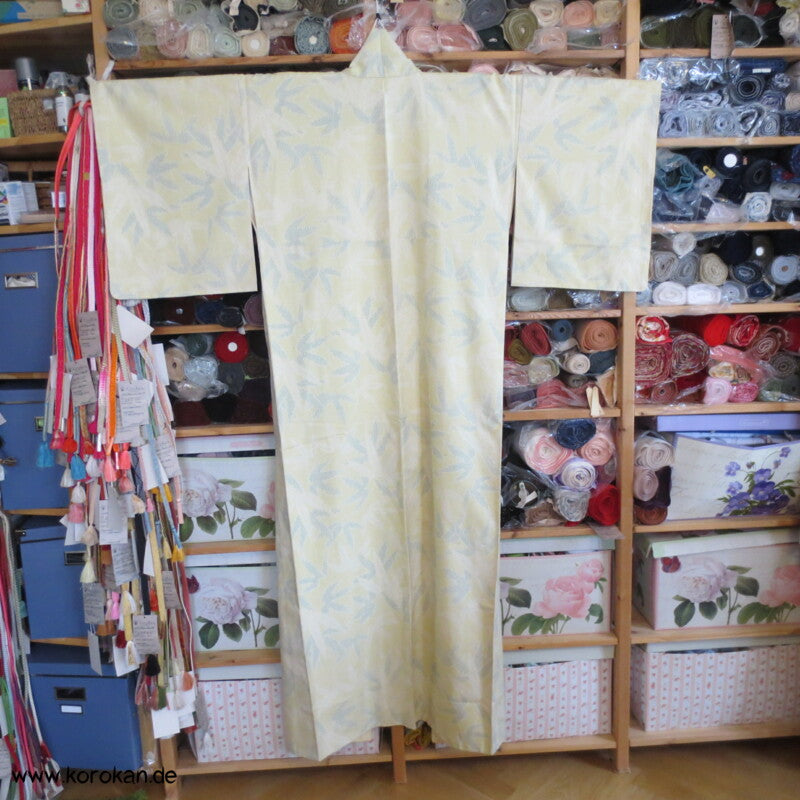 Bambus hellgelb - grün - natur Kasuri Tsumugi Seiden Kimono