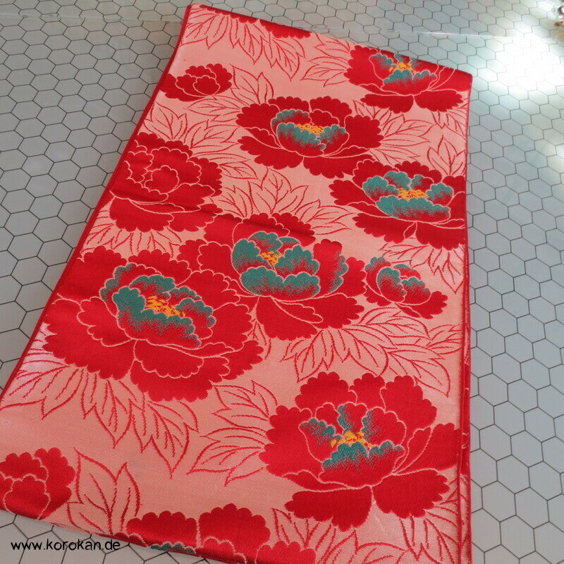 Päonien groß rot Seiden Jacquard Fukuro Obi Kimono Gürtel