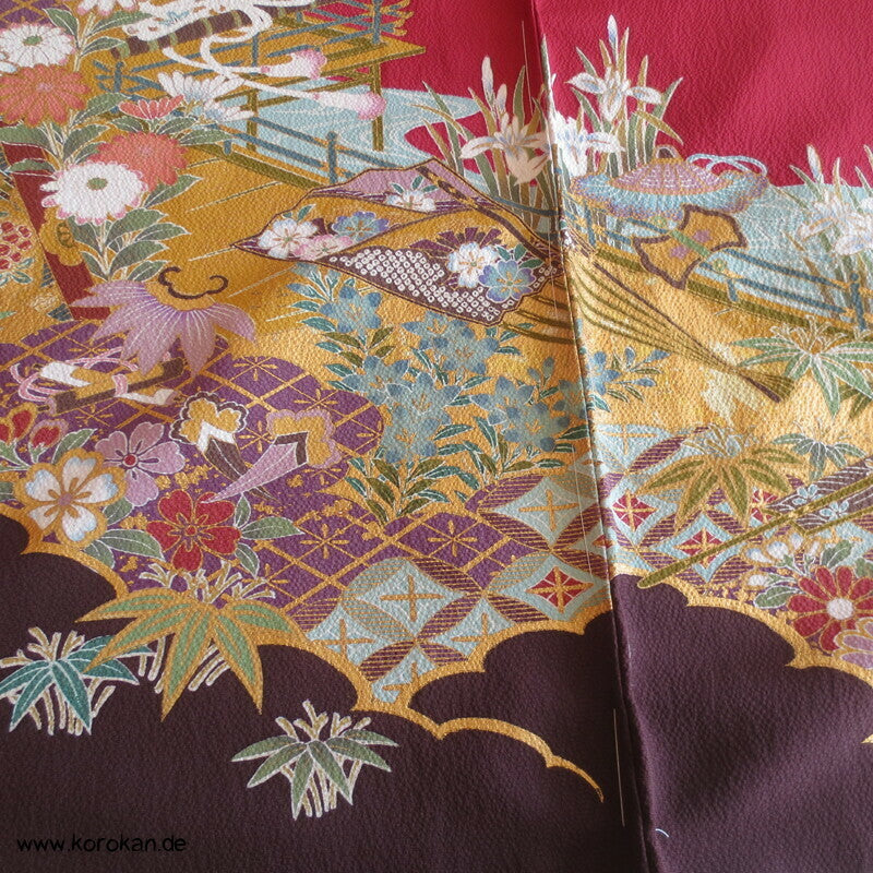 weinrot, klassische Muster Furisode, Seiden Karieba